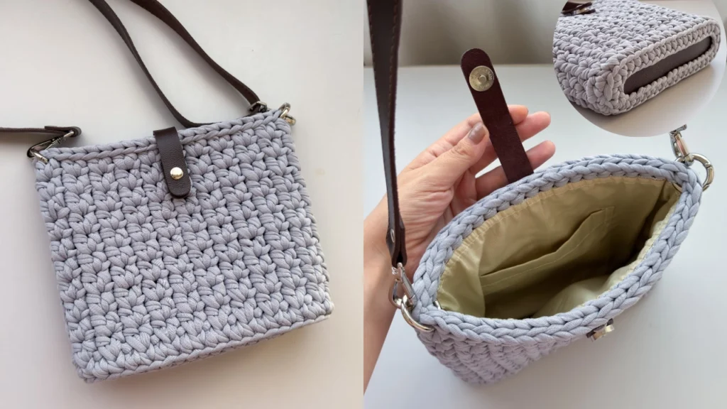 Bolsa de Crochê com Fio de Malha e Base de Couro Acabamento Profissional (1)