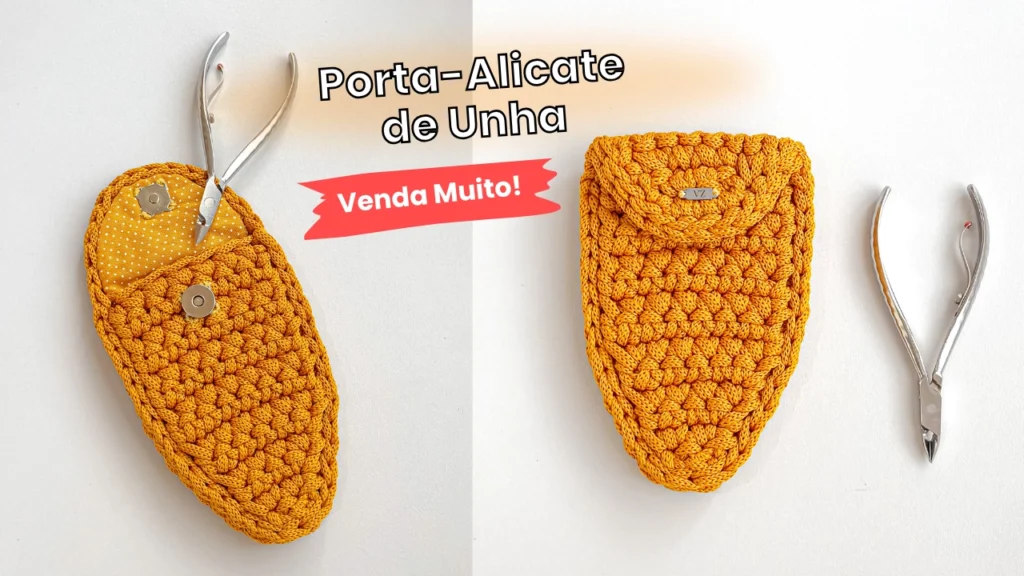Porta Alicate de Unha de Crochê Fio Náutico Poliéster Com Forro Botão Imantado (2)